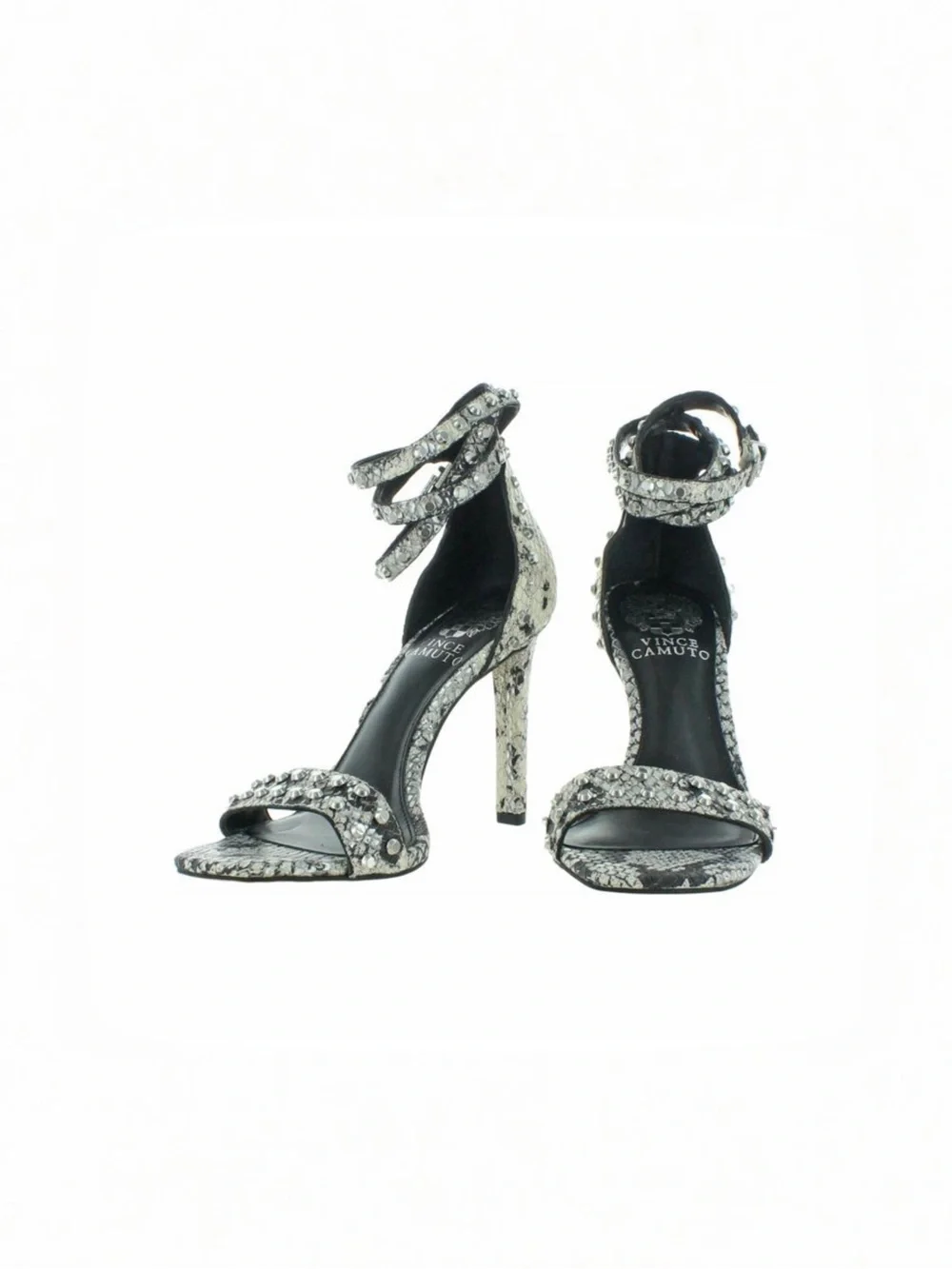 Vince Camuto Crystal-Embellished Silver Snake-Print Ankle-Strap Heel